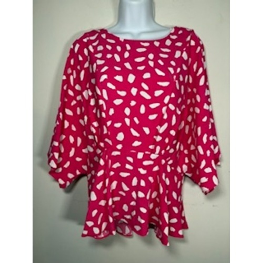 UMGEE Peplum Blouse Medium Pink White AbstractPolka Dot  Kimono Sleeve‎ Top